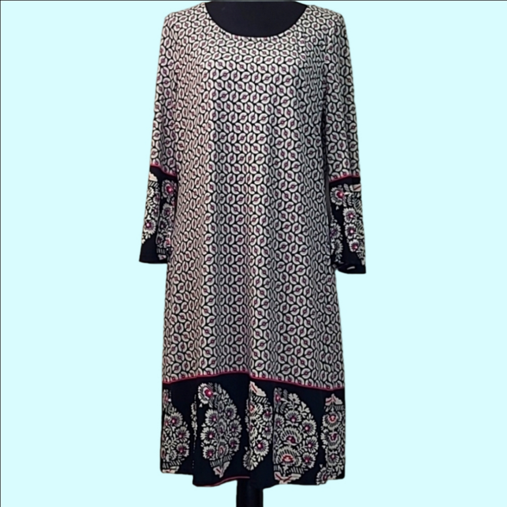 Aryeh black and pink long sleeved patterned dress. Sz. L